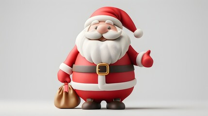 Cheerful Santa Claus Clay Figurine Holding Sack of Gifts on White Background