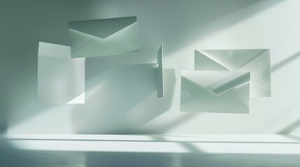 Floating envelopes and card on gray background with shadow Minimalism modern business still life creative layout : Generative AI