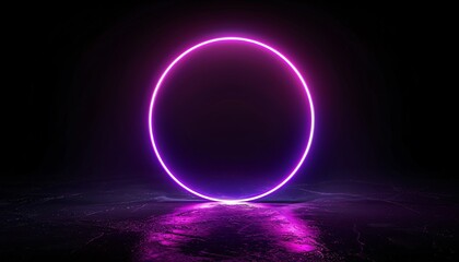 Vibrant Neon Sign in Dark Room: Radiant Luminescent Circle with Purple Hue and Pink Outline, Perfect for Nightlife or Event Decor.