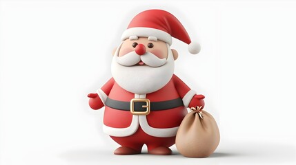 Cheerful Clay Santa Claus Figure Holding Sack of Presents Against Simple White Background