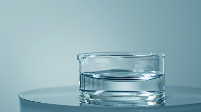 Test tube petri dish filled with water and laboratory glassware displayed with rectangle transparent podium Blank space for product advertisement : Generative AI