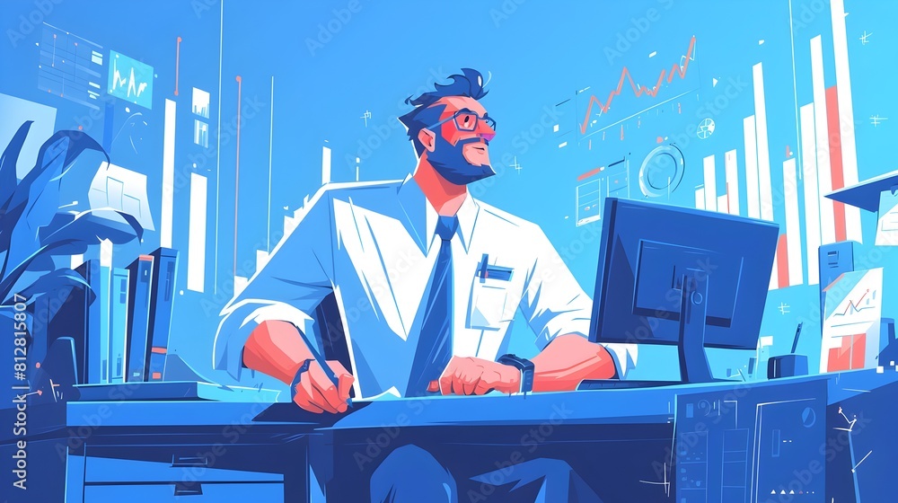 Aufkleber successful businessman analyzing market data and trends on office computer