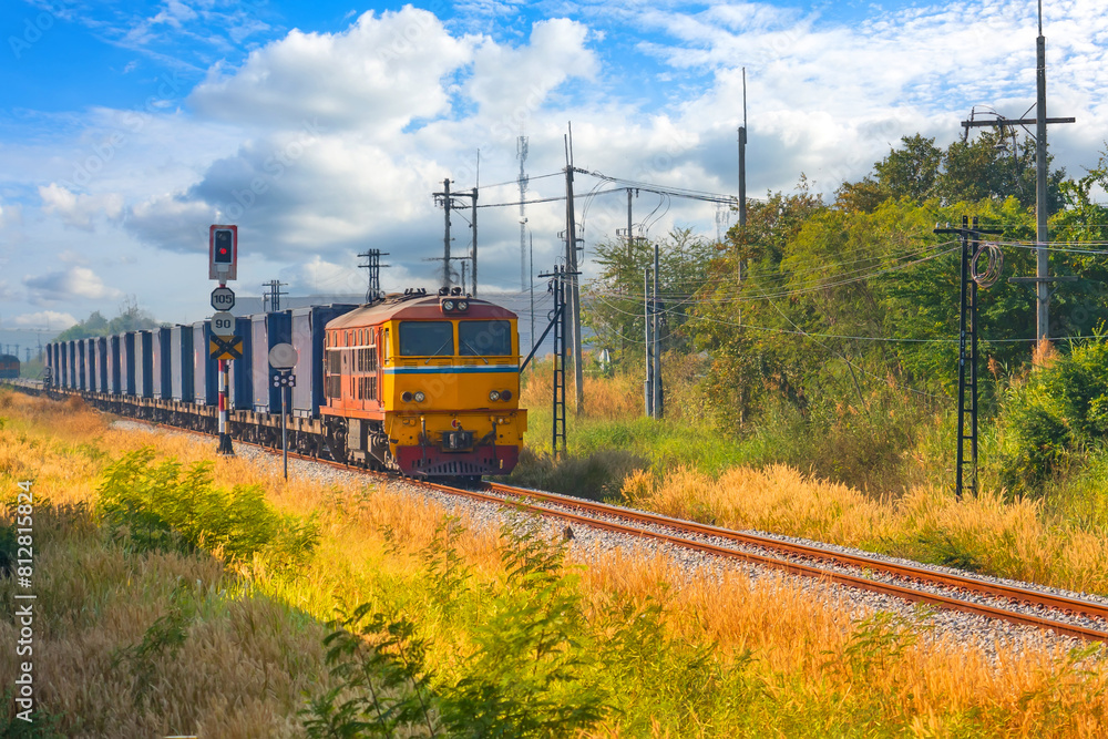 Poster freight train wagons container locomotive travels along the railway sunny day