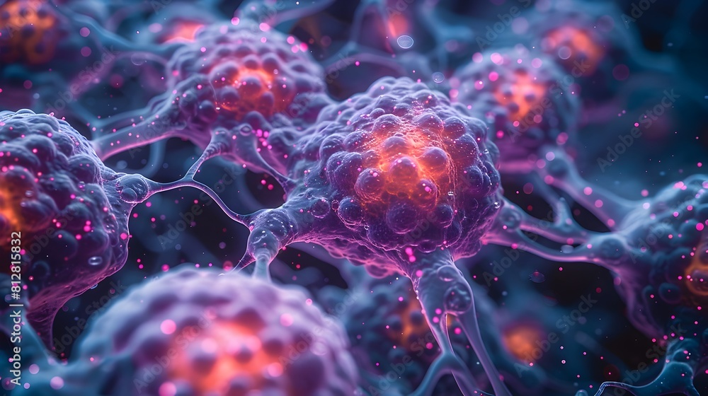Poster microscopic view of intricate cellular structures with vibrant colors and intricate patterns