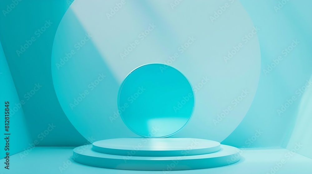 Poster Abstract light blue color background Top view to round geometric shape turquoise podium for product display and geometric shape colored paper background : Generative AI