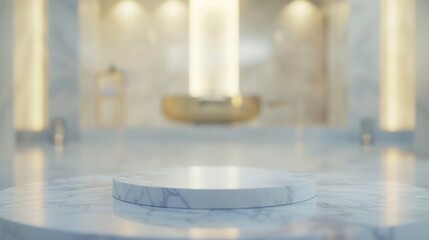 Fototapeta premium Empty marble podium in blurred bathroom to place your design : Generative AI