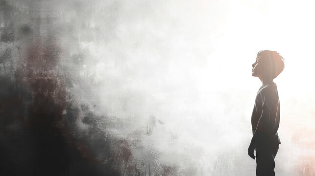 little boy standing alone look at darkness, National Missing Children's Day background with copy space.