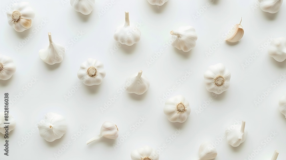 Poster creative layout made of garlic on the white background flat lay food concept : generative ai