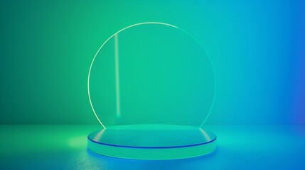 Front view of transparent podium decorated in blue and green gradient background abstract content : Generative AI