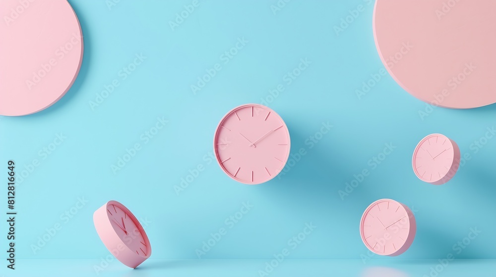 Wall mural pastel pink wall clocks on blue backdrop falling down time concept minimal composition : generative 