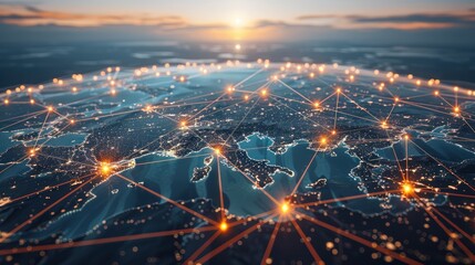 The image is a visualization of a computer network. It shows a globe with many interconnected nodes and links. The colors are blue and orange.