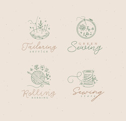 Sewing labels pillow with needles, embroidery circle, ball and skein of thread with lettering drawing in floral style with green on beige background