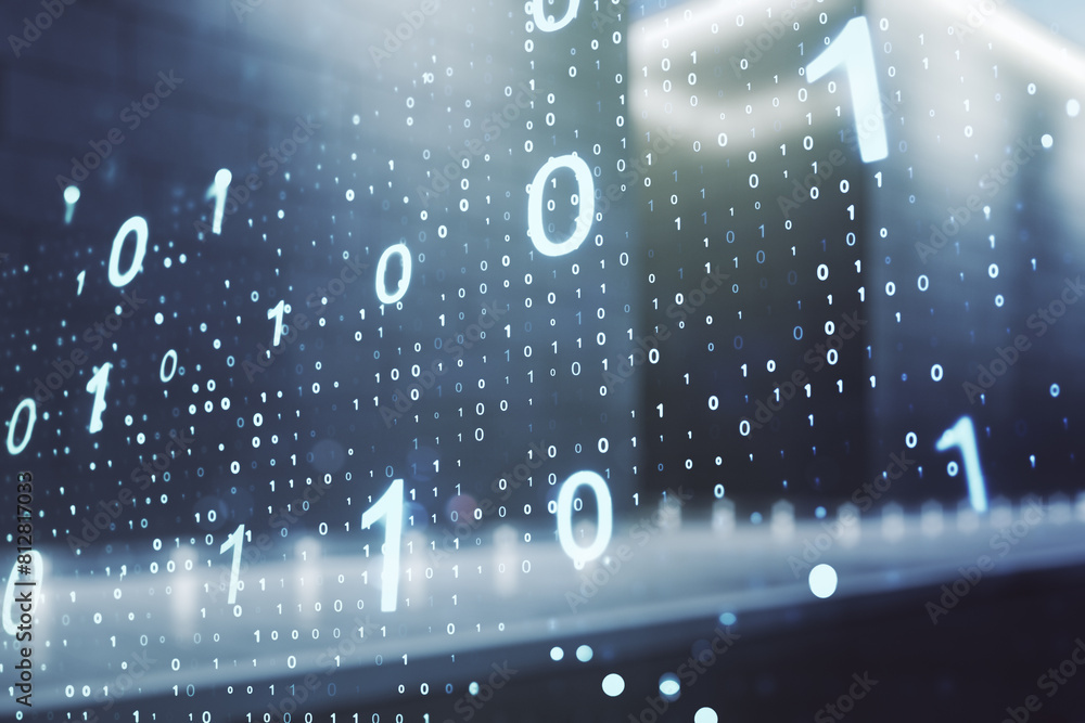 Fototapete double exposure of abstract virtual binary code hologram on modern business center exterior backgrou