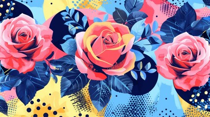 Pastel Roses and structured patterns converge in a lively, colorful artwork