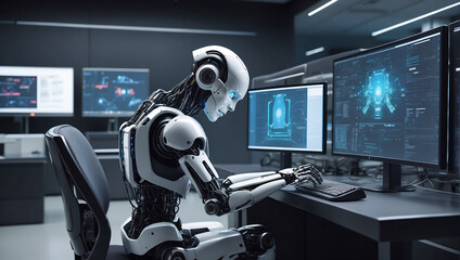 A strong artificial intelligence robot sitting at a desk with a computer monitor in data center background