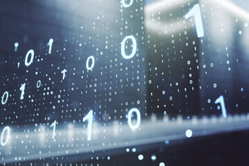 Double exposure of abstract virtual binary code hologram on modern business center exterior background. Database and programming concept