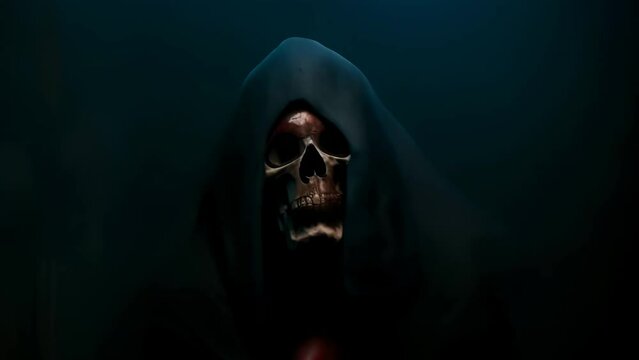 A skeleton in a black cloak