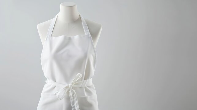 A white apron with a tied belt is isolated on a white background A blanka layout for a mannequin a model : Generative AI