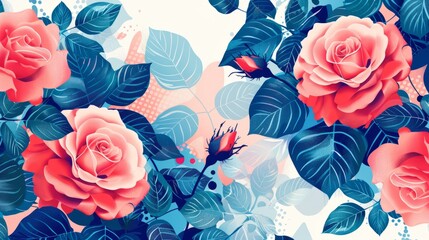 Pastel Roses and structured patterns converge in a lively, colorful artwork