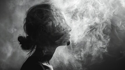 Thoughtful woman smoking cigarette in dark room