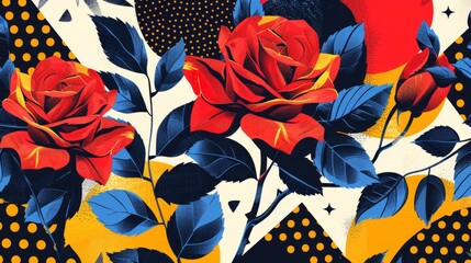 Roses and structured patterns converge in a lively, colorful artwork