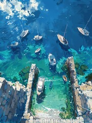 Serene Mediterranean Harbor Scene with Moored Boats and Stone Walkway