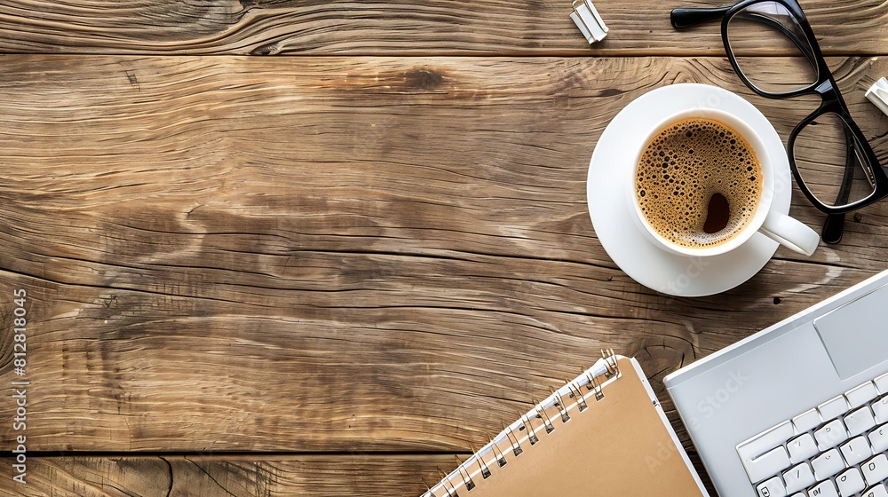 Poster top view above of wooden office desk table with keyboard of laptop coffee cup and notebook with equi