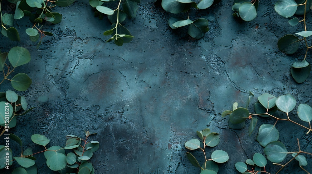 Poster Green eucalyptus leaves on stone table Frame made of eucalyptus branches Flat lay top view copy space : Generative AI