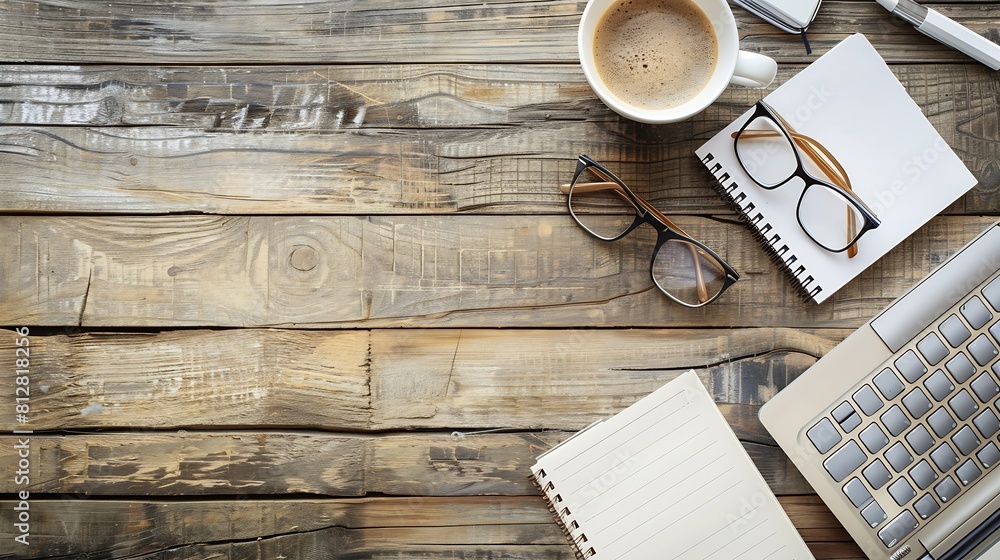 Poster top view above of wooden office desk table with keyboard coffee cup and notebook glasses with equipm