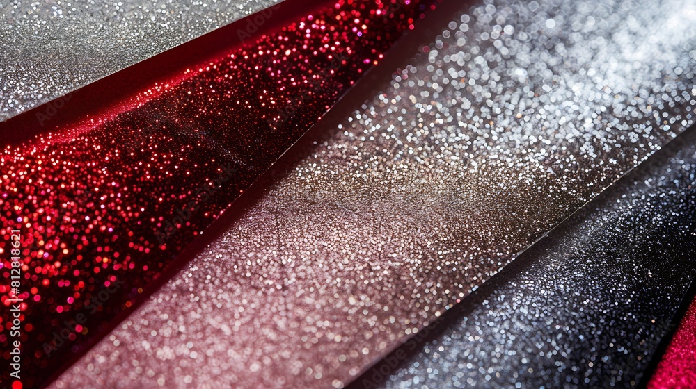 Aufkleber from above layout of pastel glitter cardboard sheets in brown white red and grey shiny shades : gene