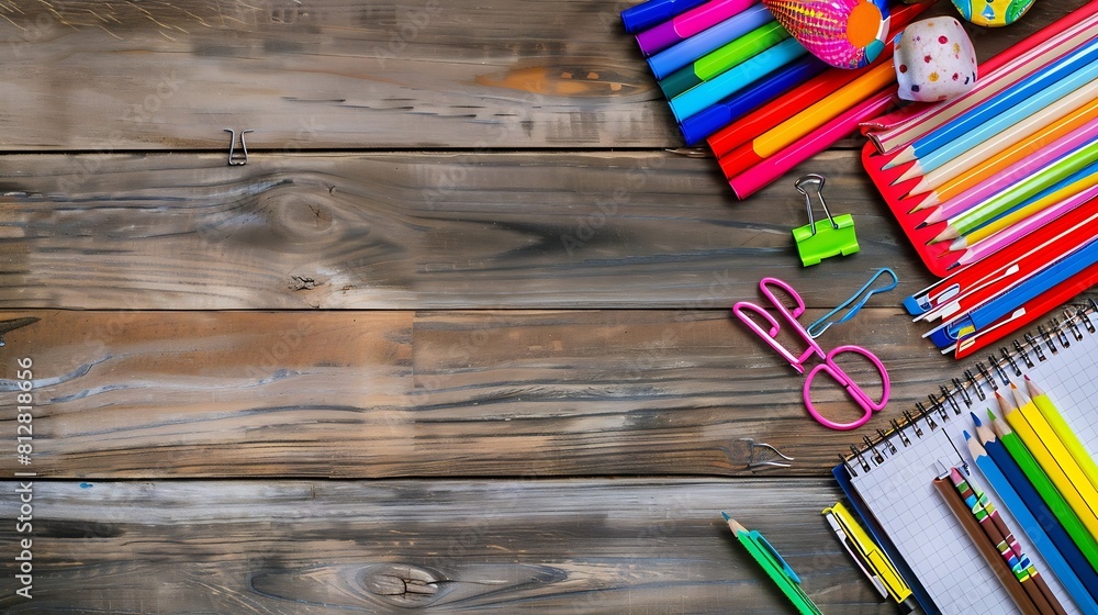Poster school stationery on wooden background back to school creative layout template with copy space flat 