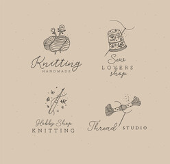 Sewing elements skein of thread, thimble, yarn, wool, crochet with lettering drawing in floral style on coffee color background