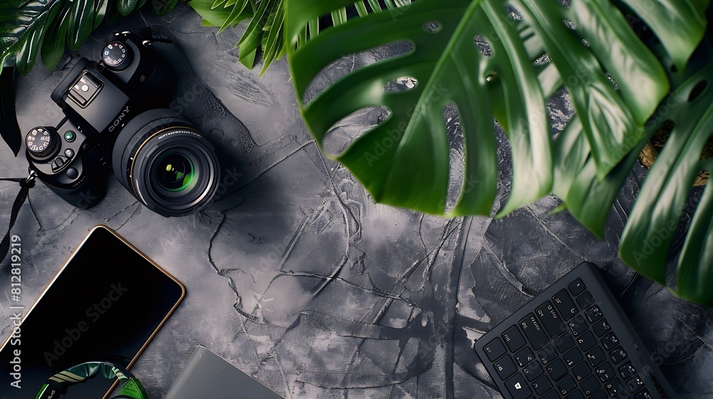 Poster Hipster flatlay with camera keyboard lens monstera leaves notebook and binocular on grey table Dark working space top view Creative work table for photographer traveller blogger : Generative AI