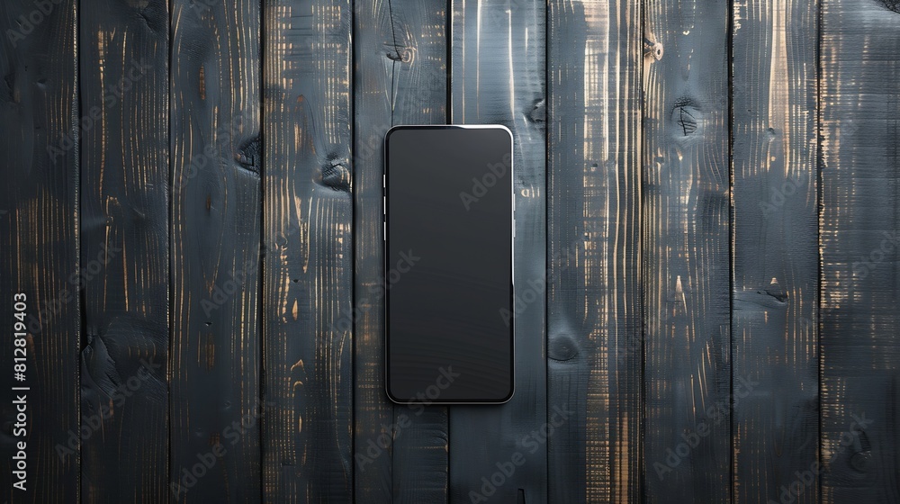 Poster mock up smart phone on black wooden background top view copy space and blank screen for your adverti
