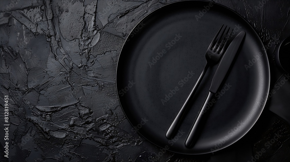 Poster black empty plate and cutlery fork and knife on a dark textured background Mockup concept for the design of a restaurant menu website or design long panoramic layout central compositio : Generative AI