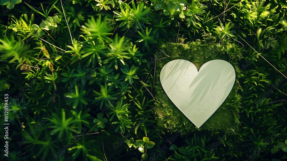 Poster creative layout made of heart card note on green grass moss background top view copy space advertisi