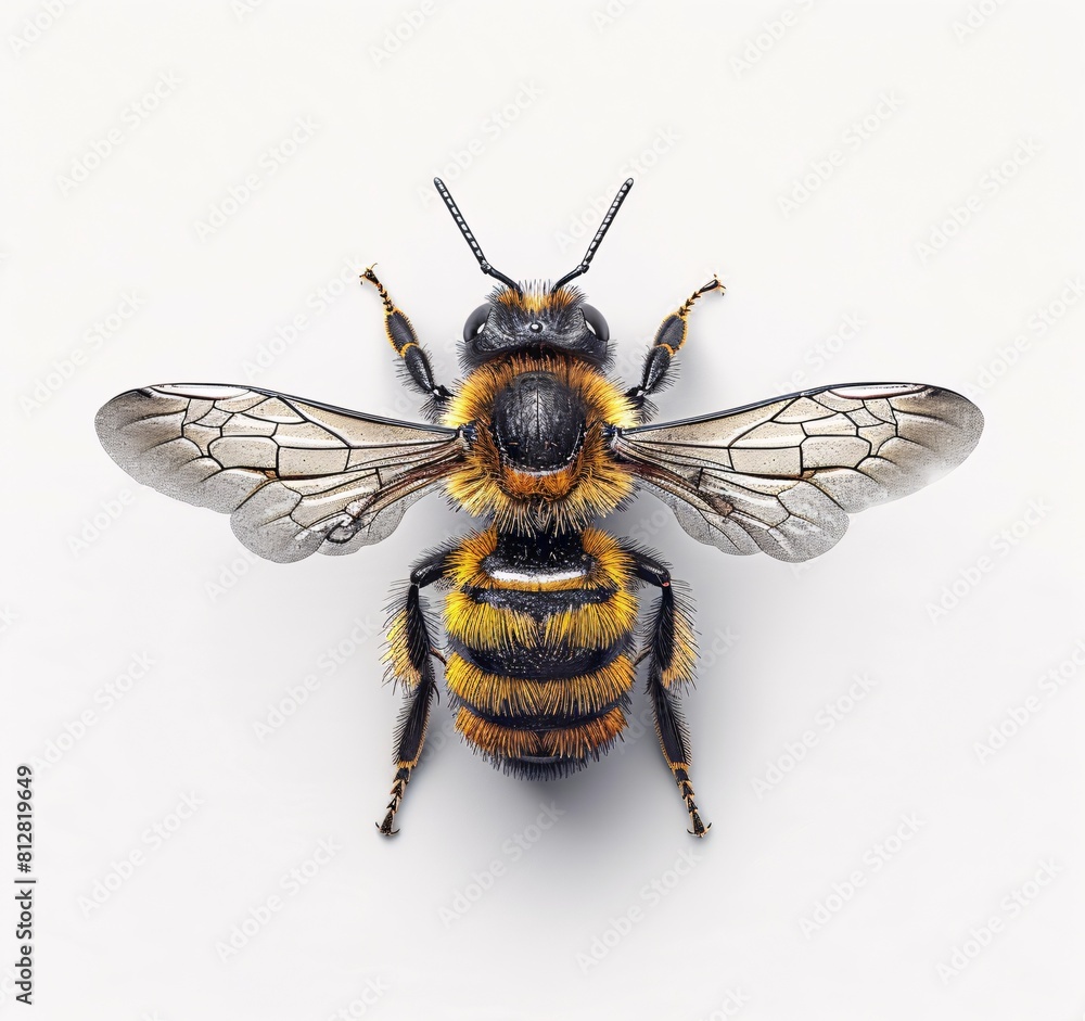 Poster high-resolution close-up of a bumblebee with distinct yellow and black stripes, emphasizing textures