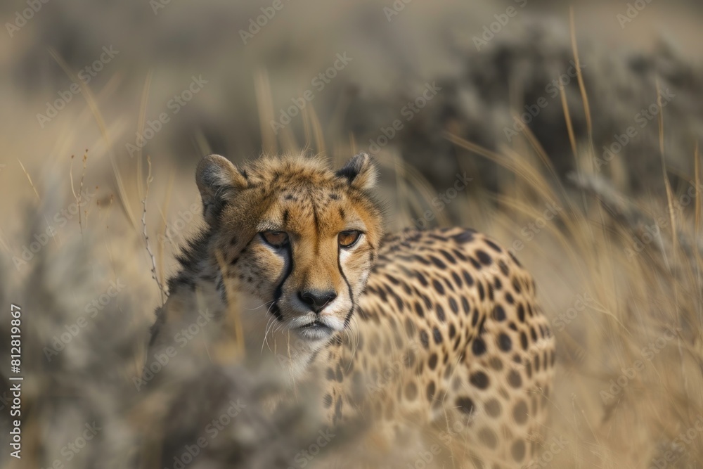 Wall mural Cheetah camouflaged among dry grasses, gazing into the distance with intent eyes