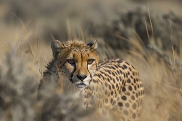 Cheetah camouflaged among dry grasses, gazing into the distance with intent eyes
