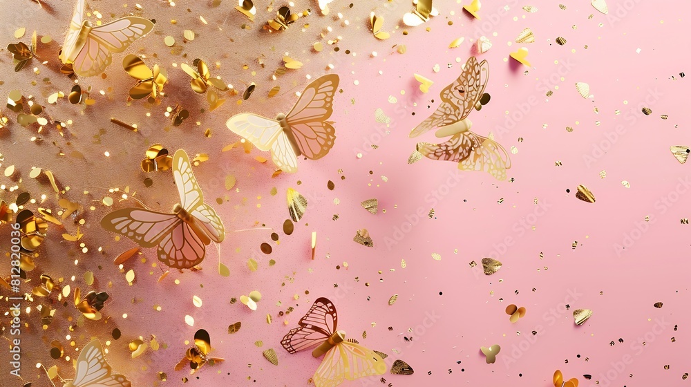Poster festive background made with gold tracery illuminating butterflies and with shiny confetti on pink h