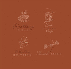 Sewing elements skein of thread, thimble, yarn, wool, crochet with lettering drawing in floral style on mustard background