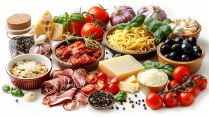 A colorful array of Italian food ingredients, including pasta, olives, tomatoes, and meat on white background