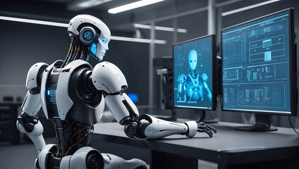 A strong artificial intelligence robot sitting at a desk with a computer monitor in data center background