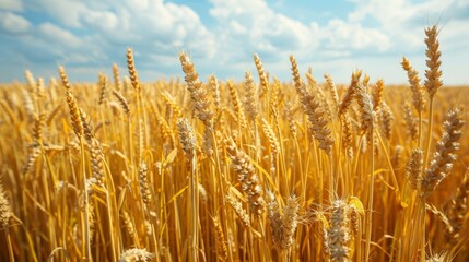 Fototapeta premium Golden wheat field, sunny day, blue sky and white clouds background