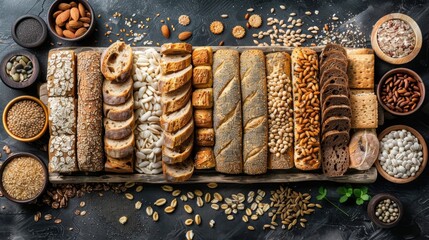 Rustic wooden board with various types of breads and fruits