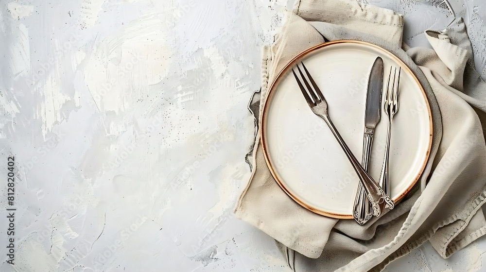 Poster white craft plate cutlery and napkin on white stone table knife and fork on beige napkin top view co