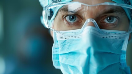 Close-up portrait of a male surgeon in blue surgical mask and safety goggles - Powered by Adobe