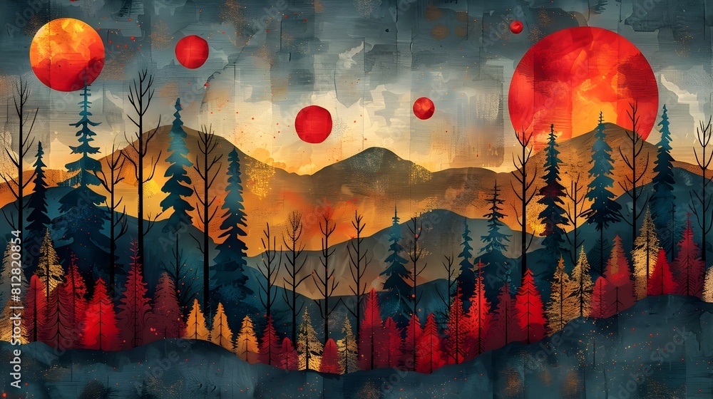 Aufkleber Enchanting Retro Inspired Mountainous Landscape with Vibrant Skies and Geometric Patterns