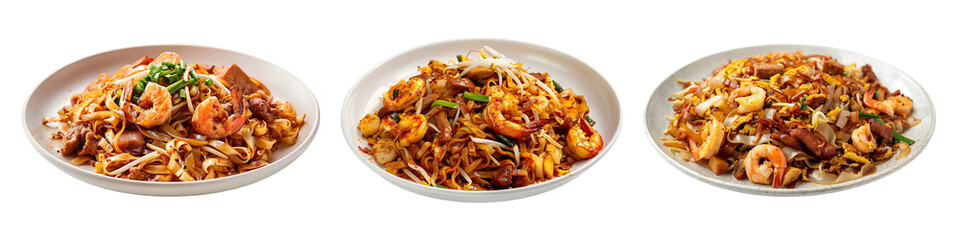 Set of char kway teow in plate, on transparent background