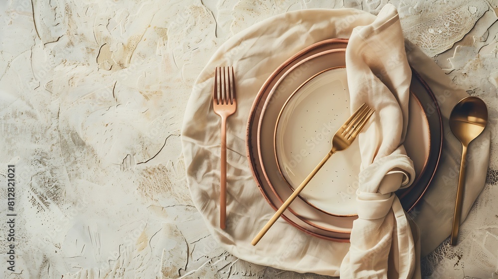 Poster from above sophisticated easter table setting featuring stacked ceramic plates rose gold cutlery and